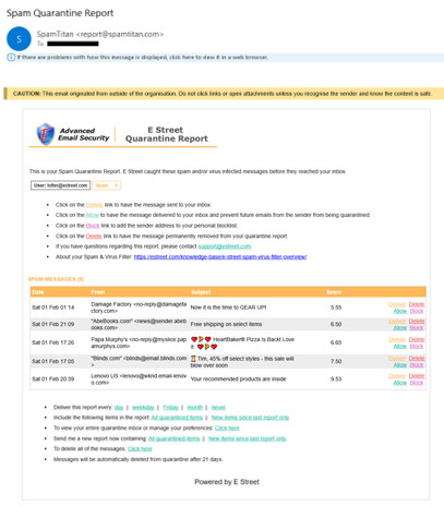 Sample E Street Spam & Virus Quarantine notice